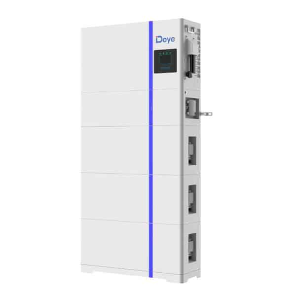 White Deye AI-W5.1-B-ESS solar storage: blue stripe, digital display, stacked rectangular modules for energy management.