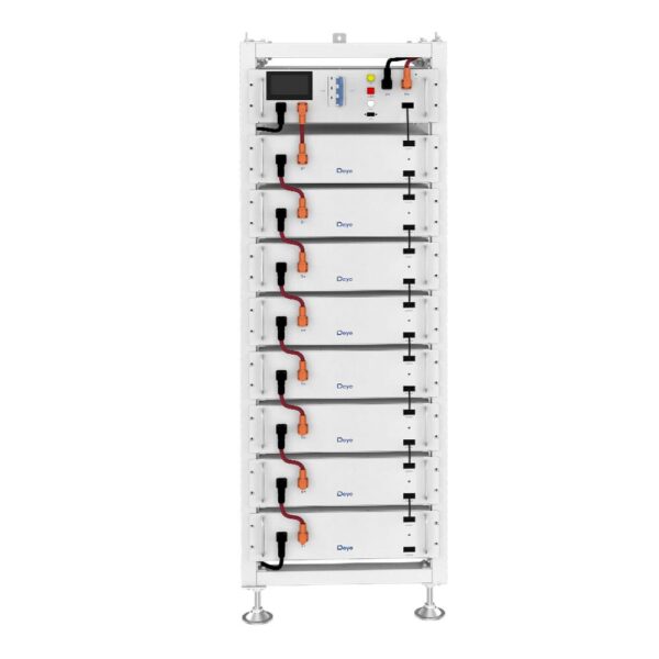 A vertical white server/battery rack labeled "LFPt" with orange/black wiring and a top control panel.