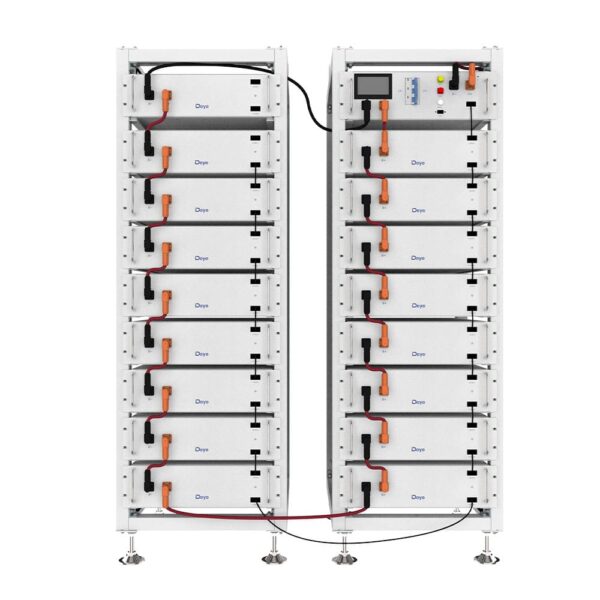 Two vertical battery racks are connected by red and black cables. One rack has a digital display and control buttons, with orange connection points.