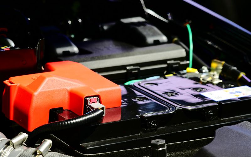 Vue rapprochée d'un moteur de voiture montrant une borne de batterie rouge et divers autres composants.