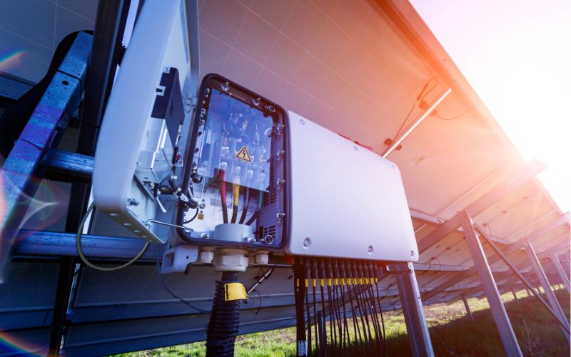 Caja de inversores conectada a paneles solares, con la luz del sol brillando al fondo.