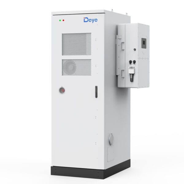 White GE-F60 61.44 kWh Deye battery cabinet with side control panel, vents, front logo; for EU, AS, AF, and LATAM.