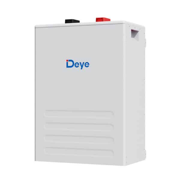 The Deye SE-F5 is a white, rectangular solar battery with dual top terminals, angled against a plain background.