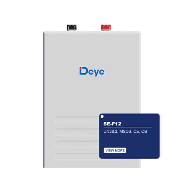 Deye SE-F5 solar battery with black and red terminals, blue certification label, "View More" button; for global energy storage.