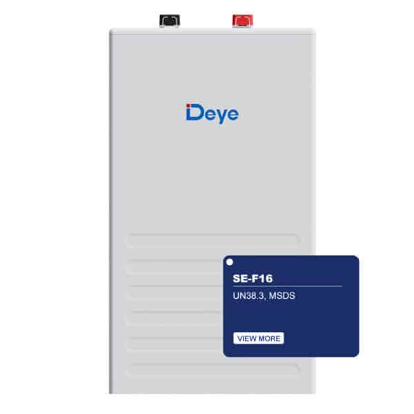 Deye SE-F5 solar battery with black/red terminals, "UN38.3, MSDS" label, and "VIEW MORE" button for global energy storage.