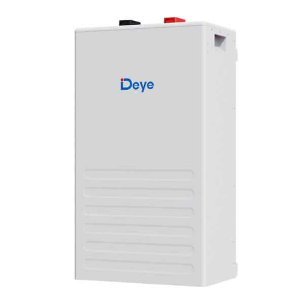 White rectangular Deye SE-F5 solar battery with logo, side vent, and black/red top terminals for scalable energy storage.