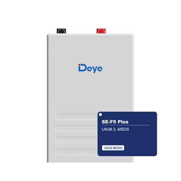 White Deye SE-F5 solar battery with black/red terminals, blue label, and "VIEW MORE" button. Scalable energy storage.