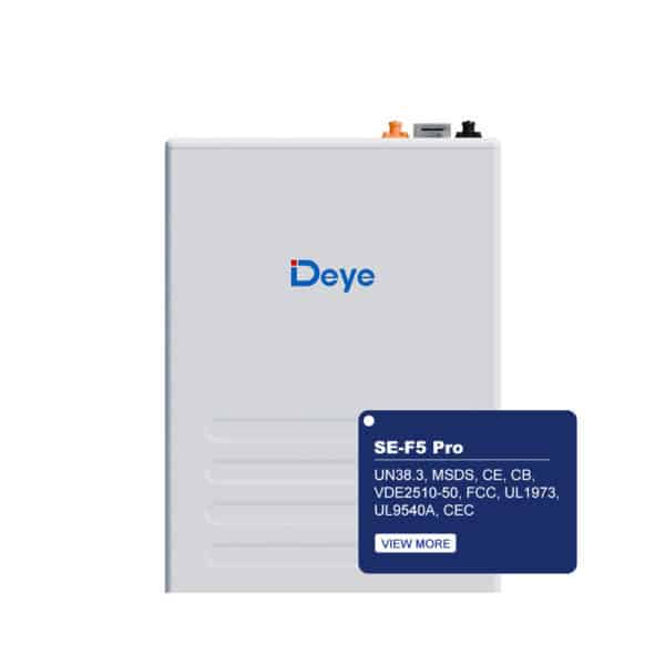 Rectangular Deye SE-F5 Solar Battery with top ports; label displays certifications like UN38.3, MSDS, CE, FCC, UL1973.