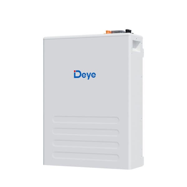 The Deye SE-F5 is a white rectangular solar battery with a blue logo and top ports, set against a plain background.