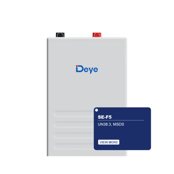 Rectangular Deye SE-F5 solar battery with black/red terminals, label, and "View More" button for energy storage info.
