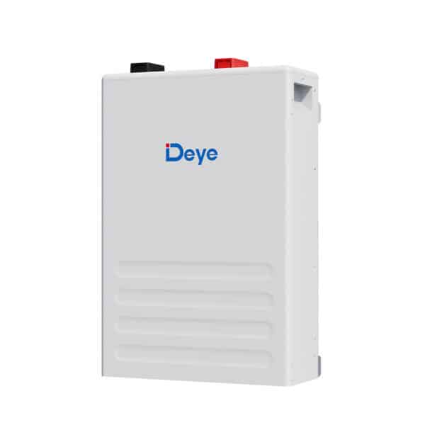 White, rectangular Deye SE-F5 solar battery with black and red top terminals and logo, designed for scalable energy storage.
