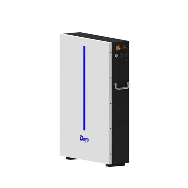 RW-M6.1-B LiFePO4 battery with smart BMS, white front, blue stripe, side handle, top connectors on plain white background.