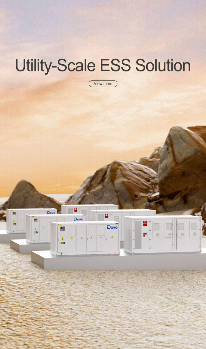 White utility-scale energy storage units outdoors by rocks under clouds, with &quot;Utility-Scale ESS Solution&quot; above.