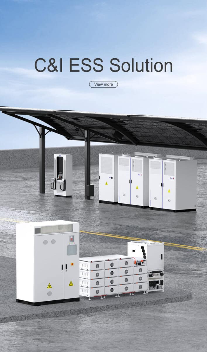 Industrial energy storage system with battery cabinets and a covered station. Text: &quot;C&amp;I ESS Solution.