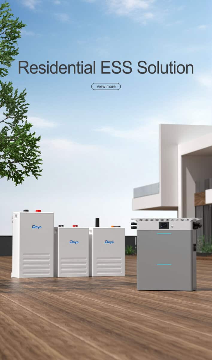 Four &quot;Deye&quot; energy storage units sit on a wooden deck by a modern house, with a tree visible in the background.