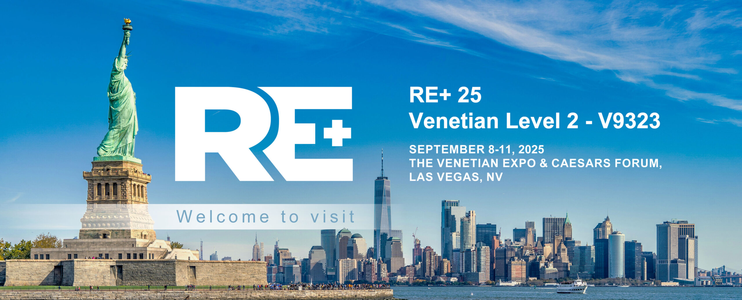Statue of Liberty and NYC skyline banner promoting RE+ 25 at Venetian Expo, Las Vegas, September 8-11, 2025.