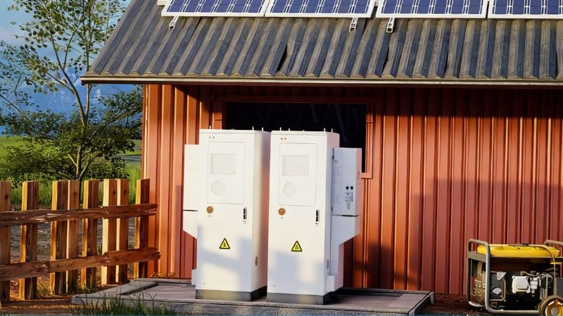 High-capacity energy storage batteries system for renewable energy integration, installed outdoors next to a red barn with solar panels on the roof.