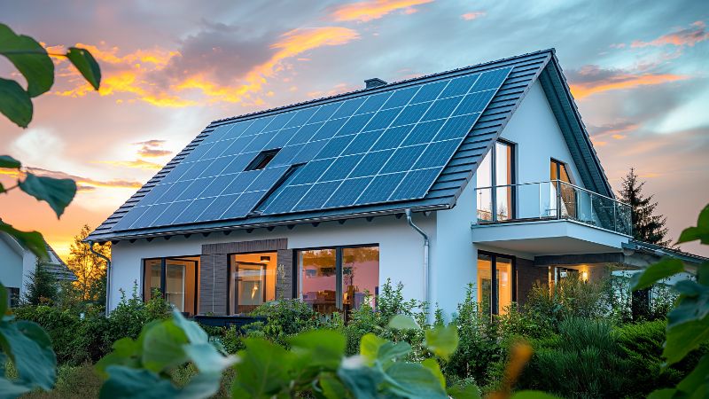 Solar-powered modern home with energy-efficient design and rooftop solar panels in a lush green landscape at sunset.