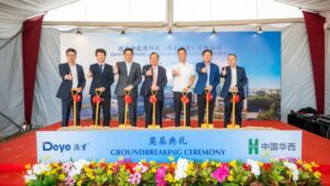 1. Deepblue energy technology groundbreaking ceremony with executives holding shovels, celebrating renewable energy innovation in Malaysia and China.