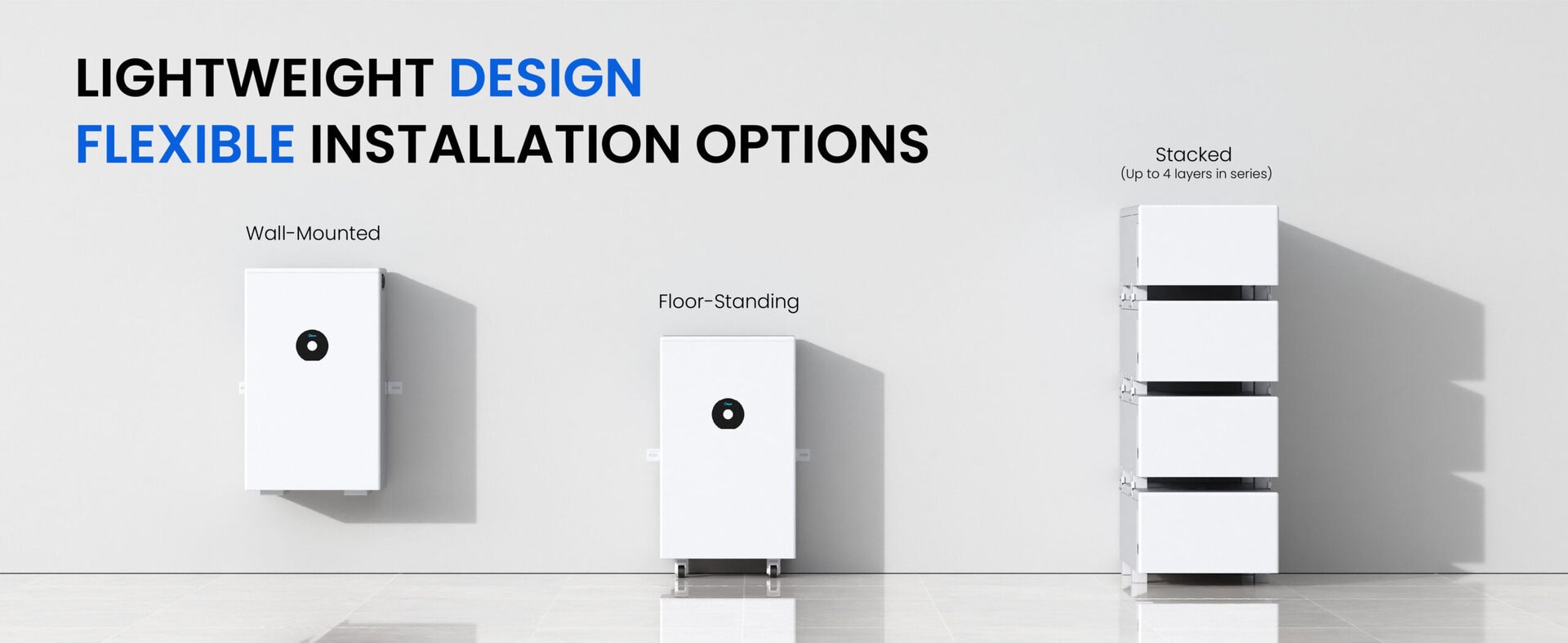 Smart, minimalist white storage cabinets ideal for contemporary living spaces, designed for versatile installation options including wall-mounted, floor-standing, and stacked configurations.